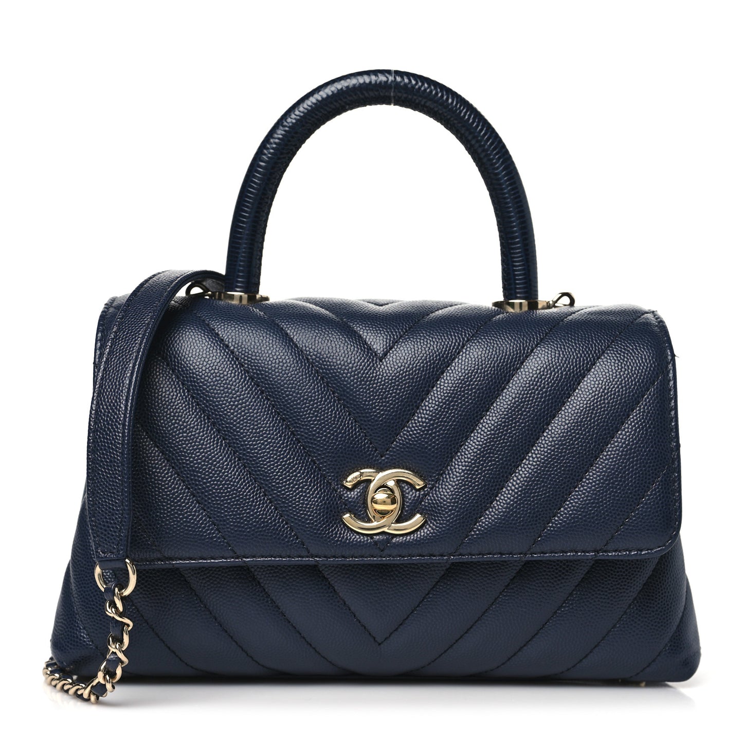 Caviar Lizard Chevron Quilted Mini Coco Handle Flap Navy