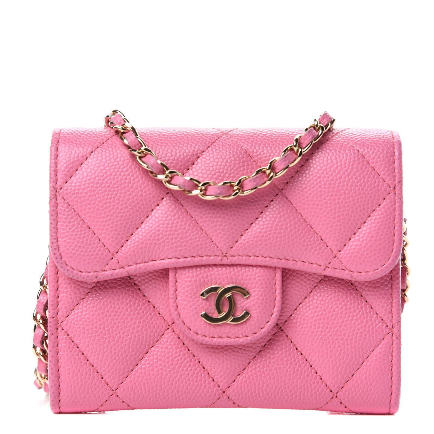 Caviar Quilted Flap Card Holder On Chain Pink