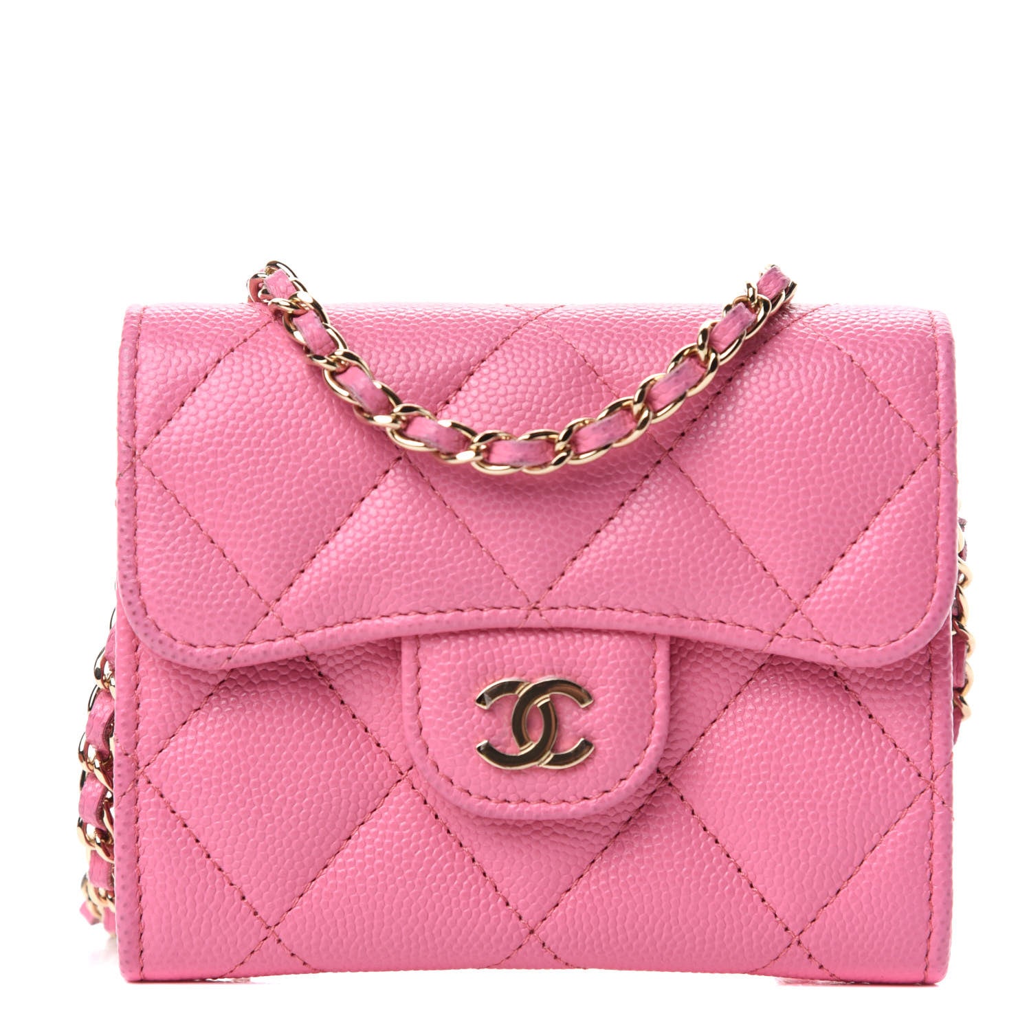 Chanel Caviar Quilted Flap Card Holder On Chain Pink 1 of 8
