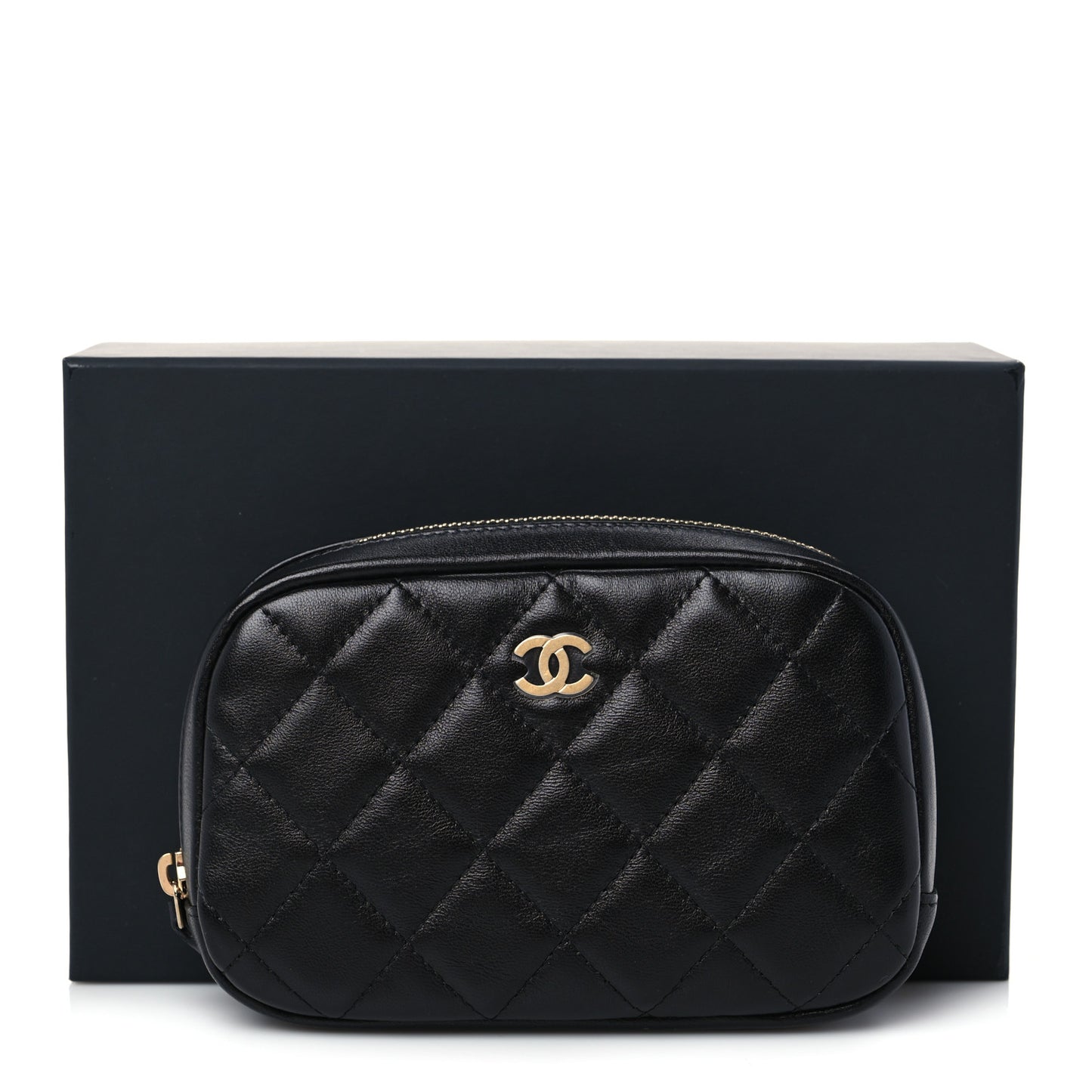 Lambskin Quilted Small Curvy Pouch Cosmetic Case Black