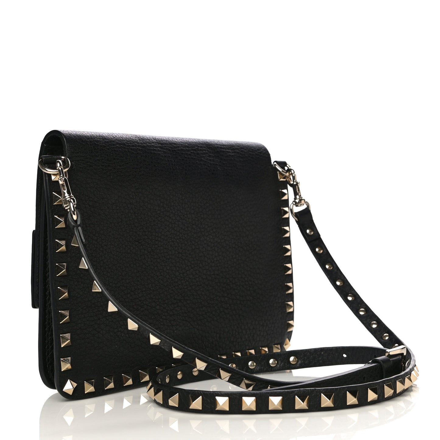 Pebbled Calfskin Rockstud Side Slip Crossbody Black