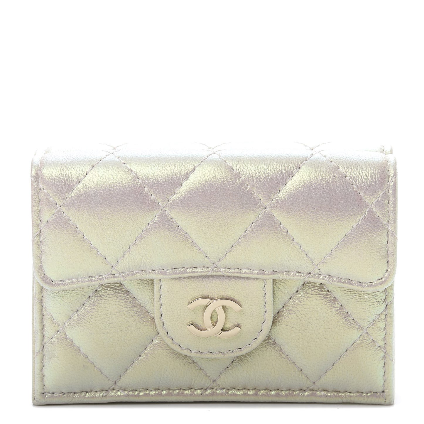 Iridescent Lambskin Quilted Double Flap Wallet Ivory