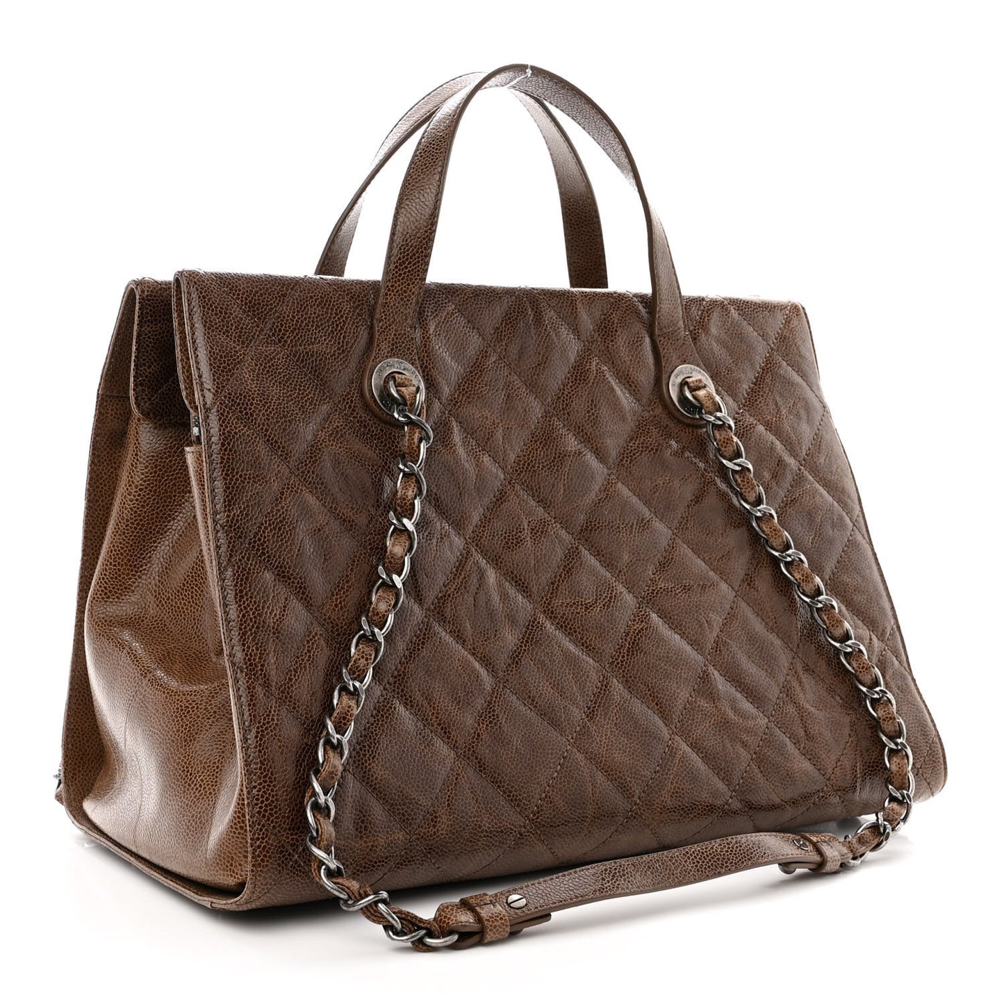 Crumpled Grained Calfskin Quilted CC Crave Tote Brown