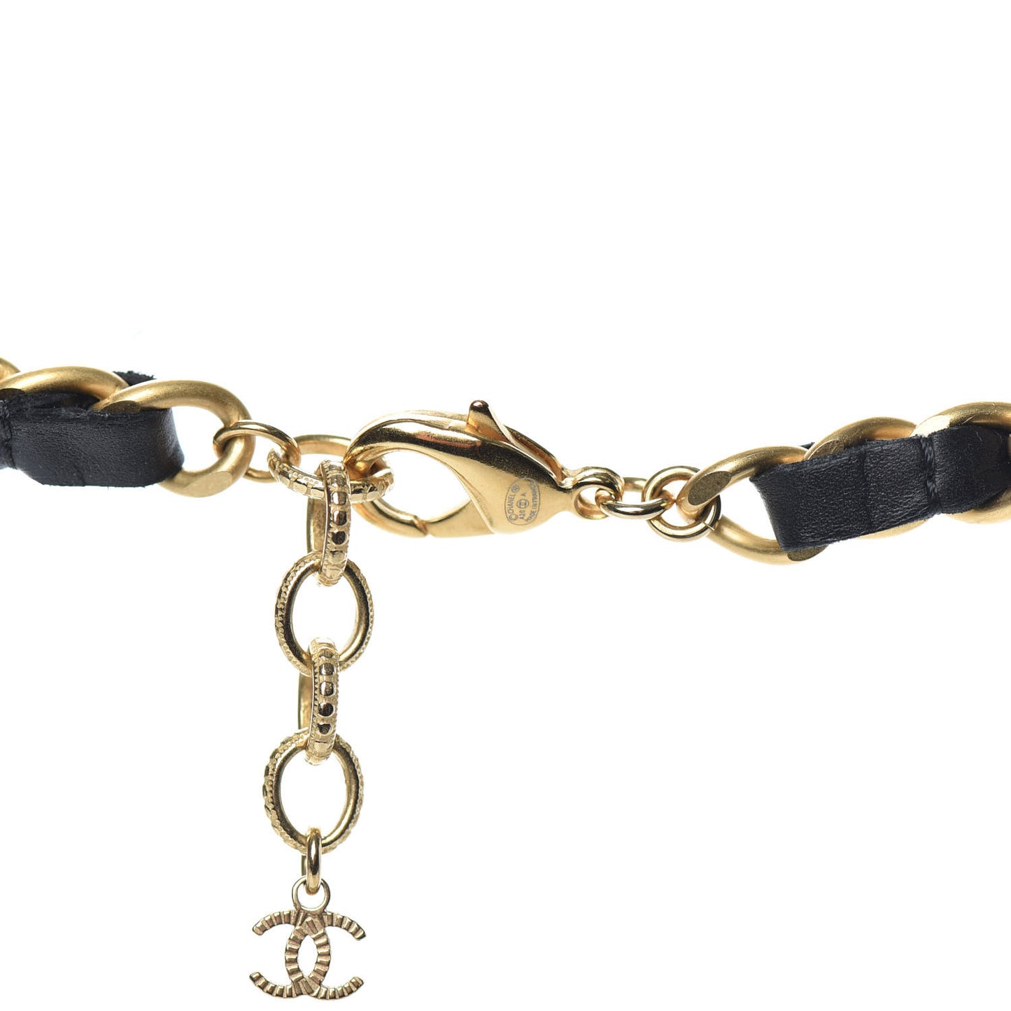 Calfskin Pearl Chain 90's Camellia Long Necklace Black Gold
