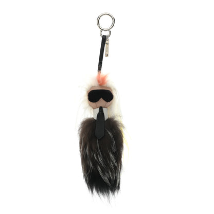 Fendi Fox Mink Goat Fur Mini Karlito Bag Charm White Black Flamingo 1 of 5