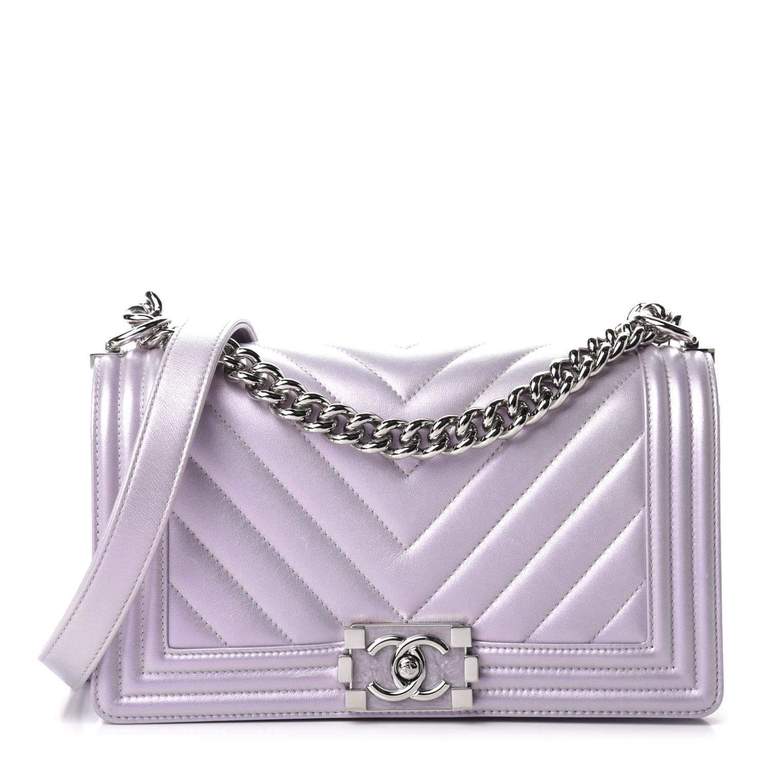 Chanel Metallic Lambskin Chevron Quilted Medium Boy Flap Pink 1 of 12