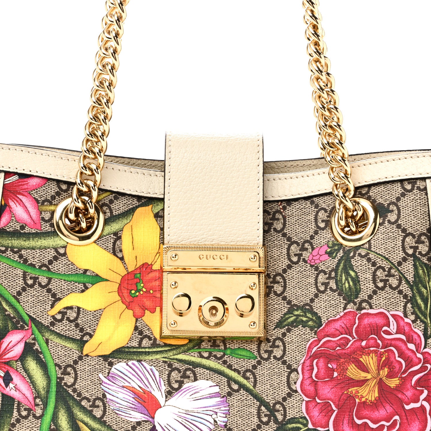 Gucci GG Supreme Monogram Flora Textured Calfskin Small Padlock Tote Beige Ebony Multicolor Mystic White 8 of 10