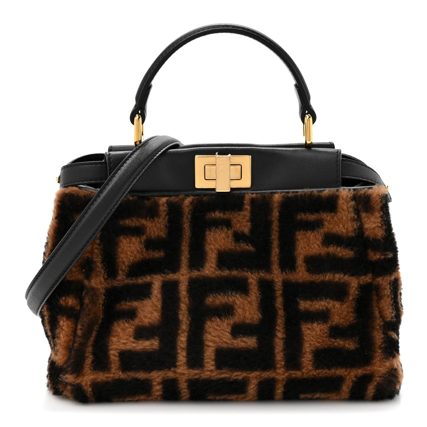 Shearling Nappa Macro FF 1974 Mini Peekaboo Iconic Satchel Tobacco Black
