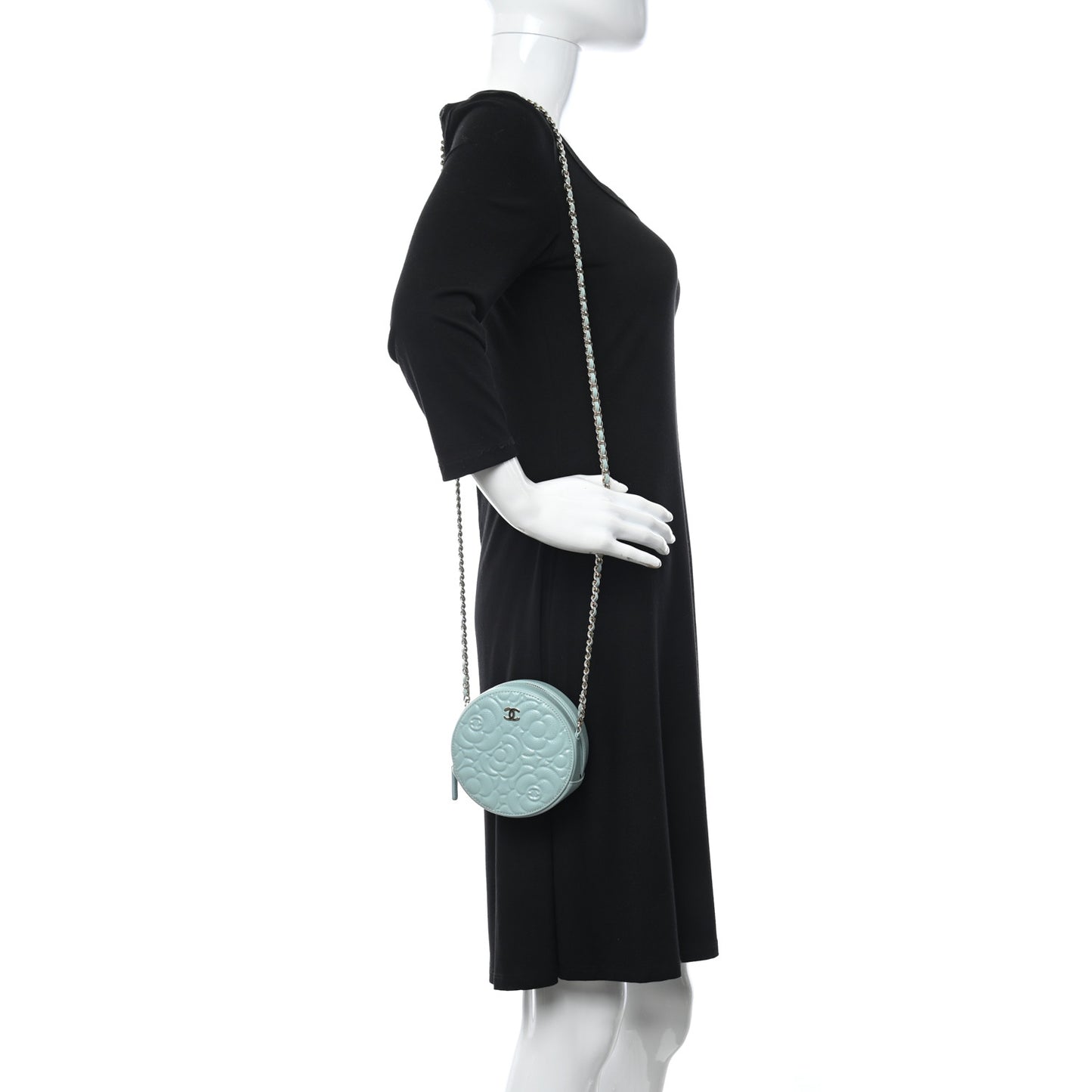 Caviar Camellia Embossed Round Clutch With Chain Light Blue