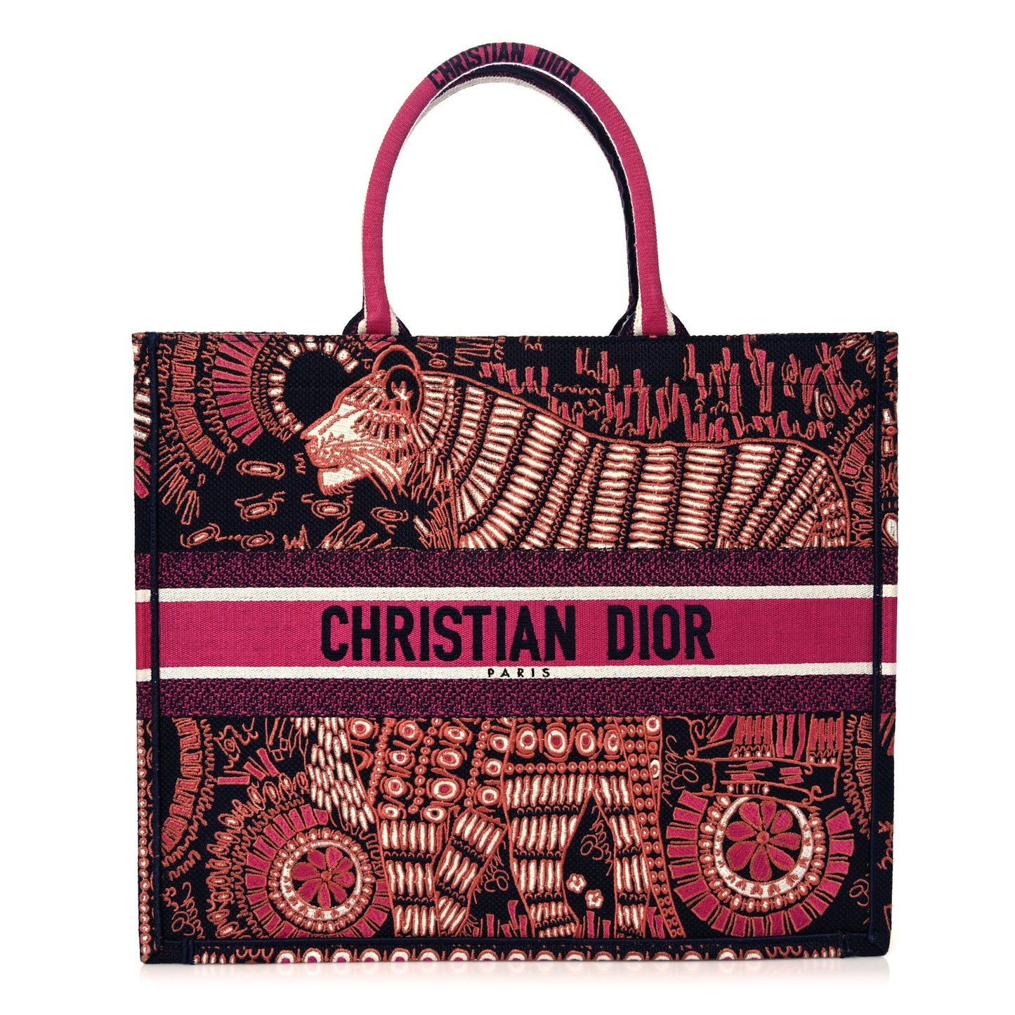 Canvas Embroidered Dior Animals Tiger Book Tote Deep Blue Fuchsia