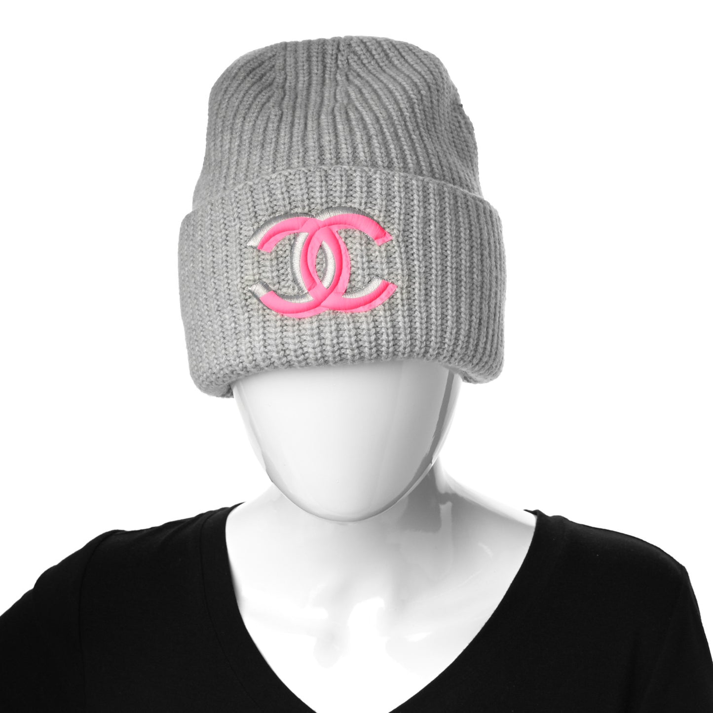 Wool Cashmere CC Beanie Hat Light Grey Fuchsia
