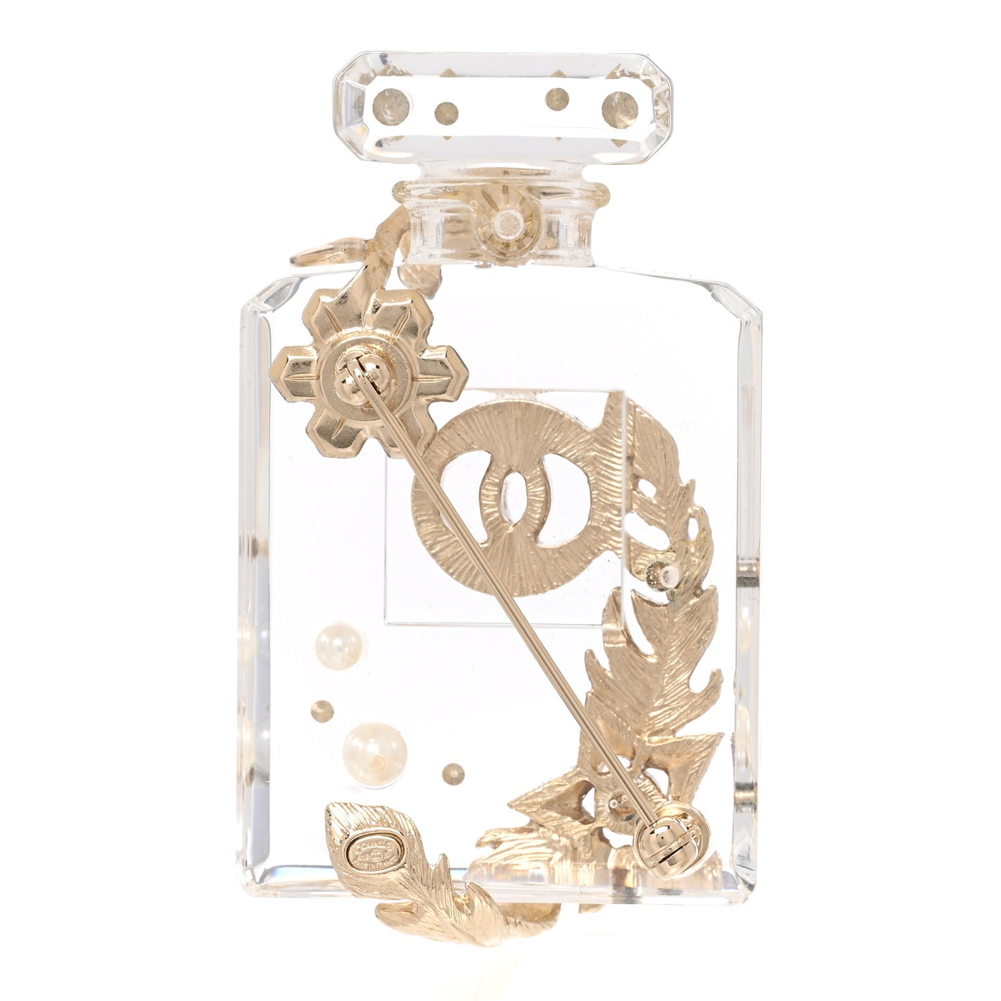 Pearl Resin Crystal CC No 5 Perfume Bottle Brooch Gold