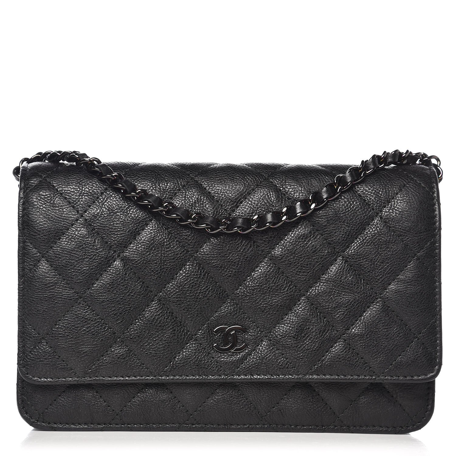 Chanel Crumpled Calfskin Quilted Wallet On Chain WOC So Black 1 of 9