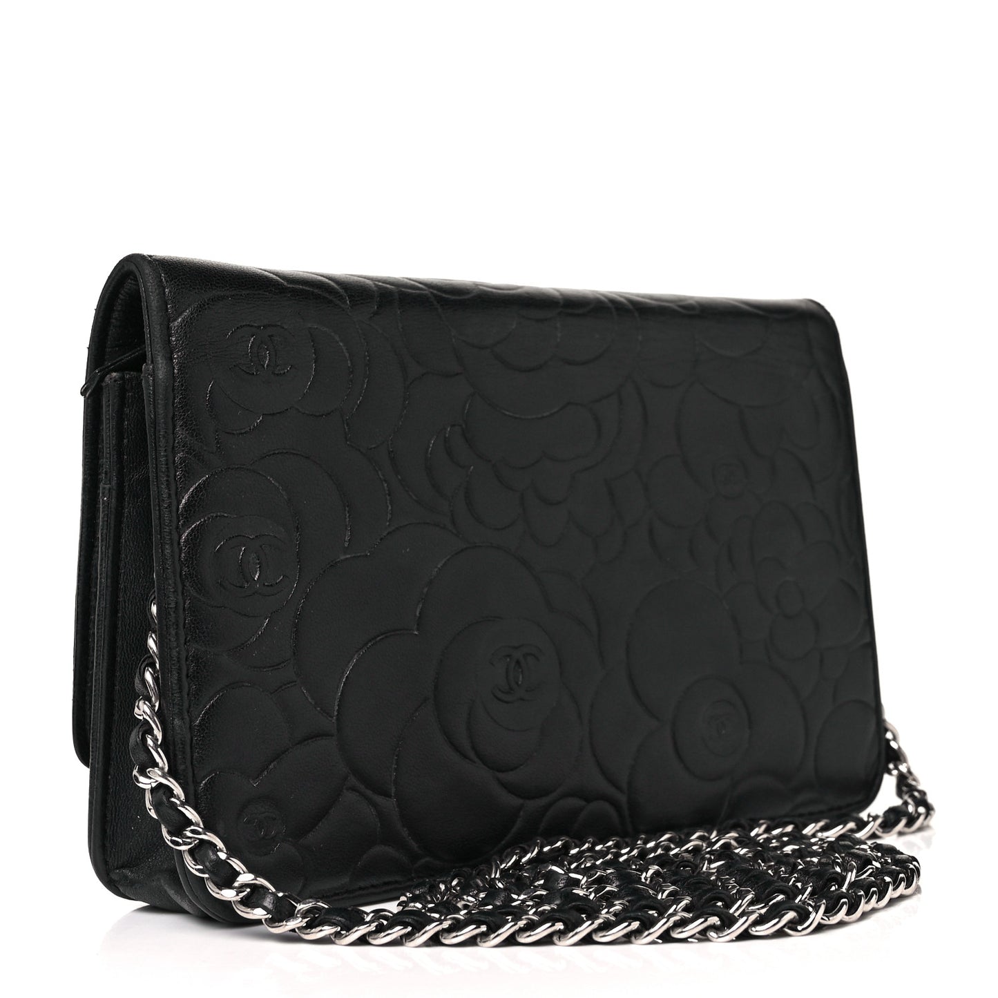 Lambskin Camellia Embossed Wallet On Chain WOC Black