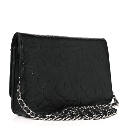Chanel Lambskin Camellia Embossed Wallet On Chain WOC Black 3 of 11