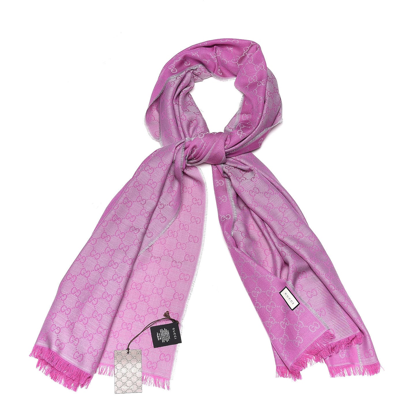Wool Silk GG Monogram GGWeblong Fringe Scarf Shawl Zinc Pink