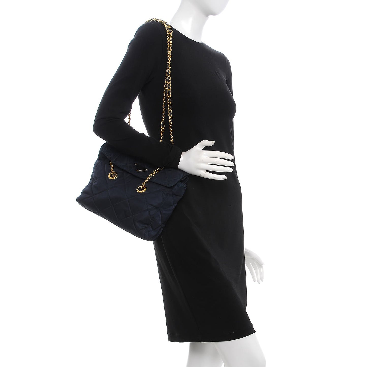 Nylon Tessuto Impuntu Quilted Flap Shoulder Bag Navy
