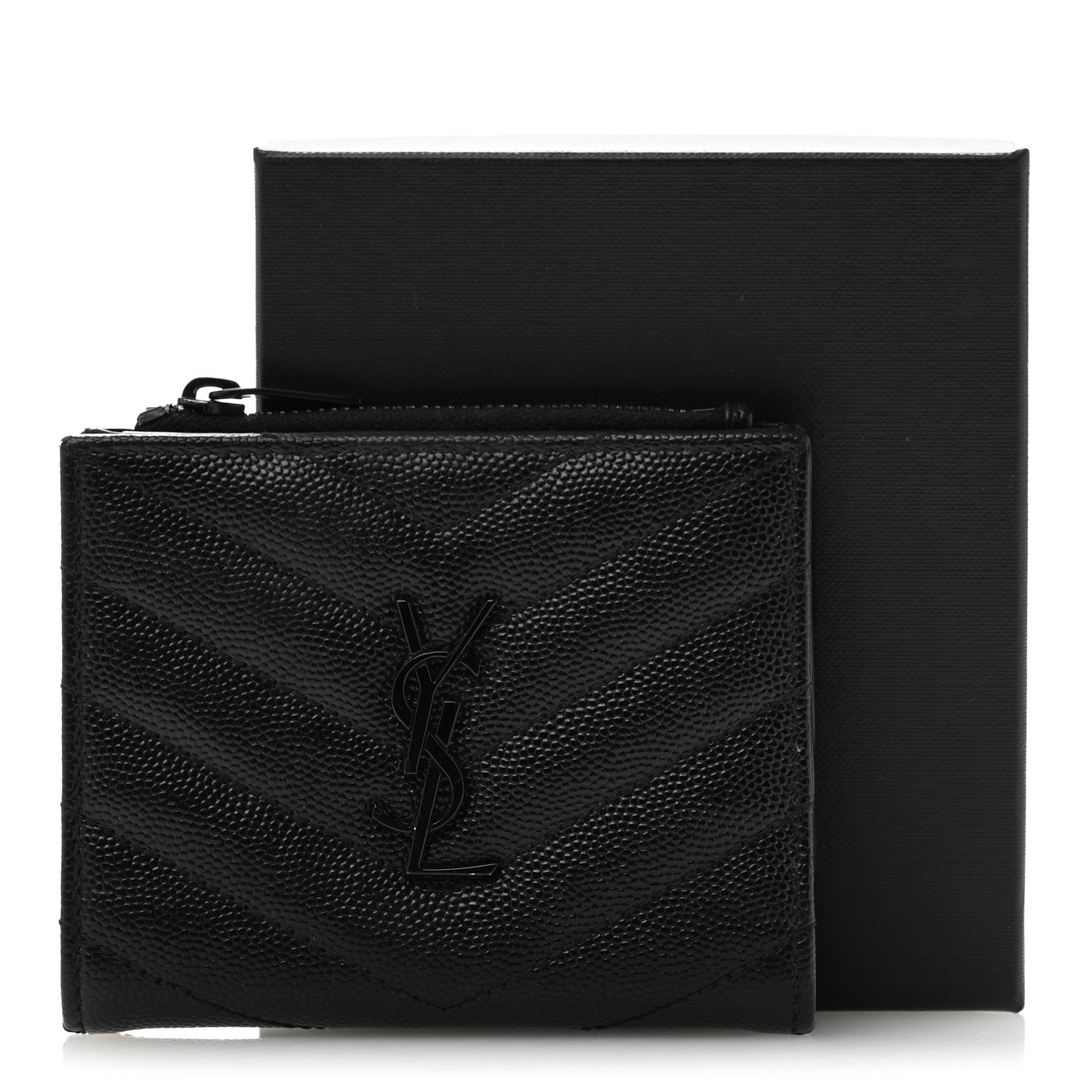 Saint Laurent Grain De Poudre Matelasse Chevron Monogram Zipped Card Case Black 11 of 11