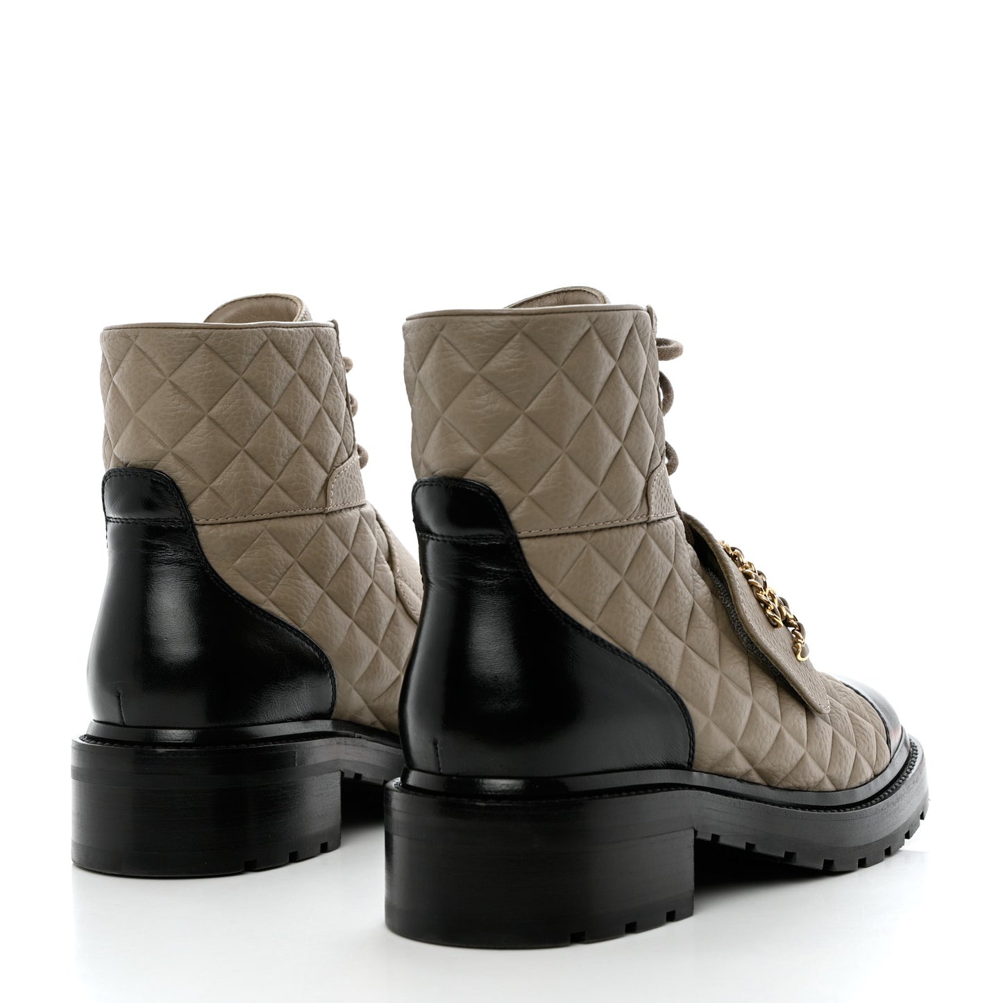 Calfskin Shiny Calfskin Quilted Lace Up Combat Boots 40.5 Dark Beige Black
