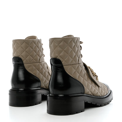 Chanel Calfskin Shiny Calfskin Quilted Lace Up Combat Boots 40.5 Dark Beige Black 4 of 9