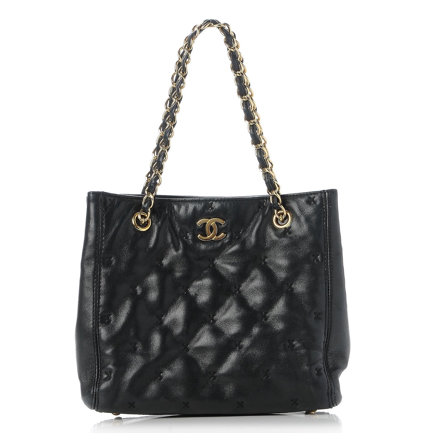 Lambskin Cross Stitch Shopper Tote Black