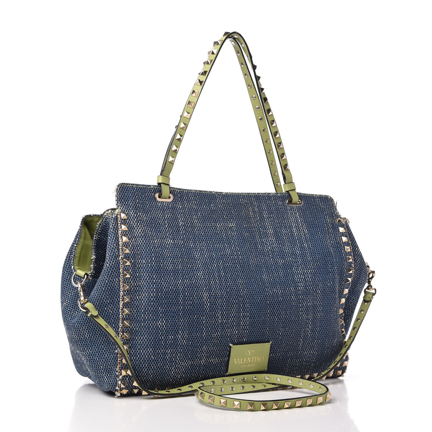 Valentino Garavani Denim Medium Rockstud Tote Blue Green 3 of 13