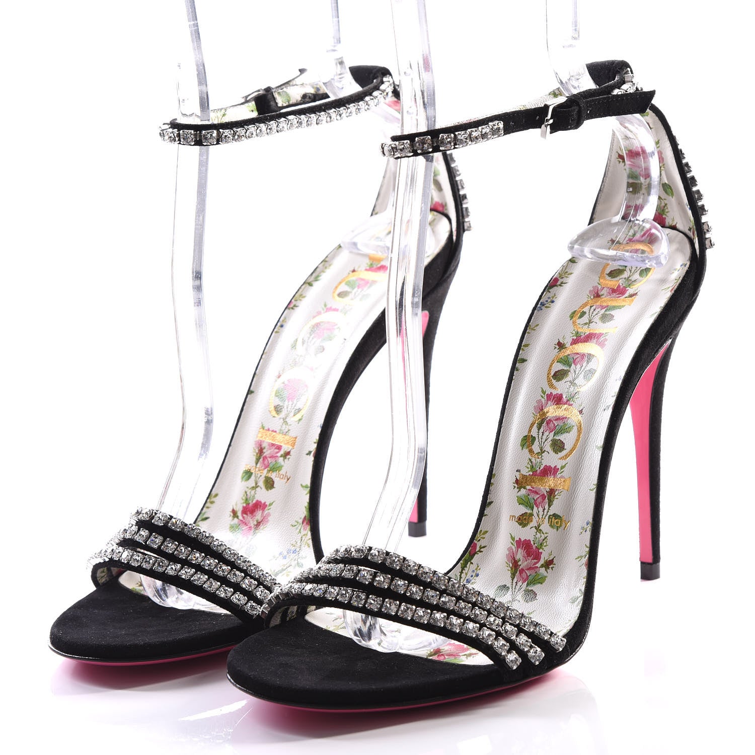 Gucci Kid Scamosciato Crystal Ankle Strap High Heel Sandals 38 Black 2 of 8