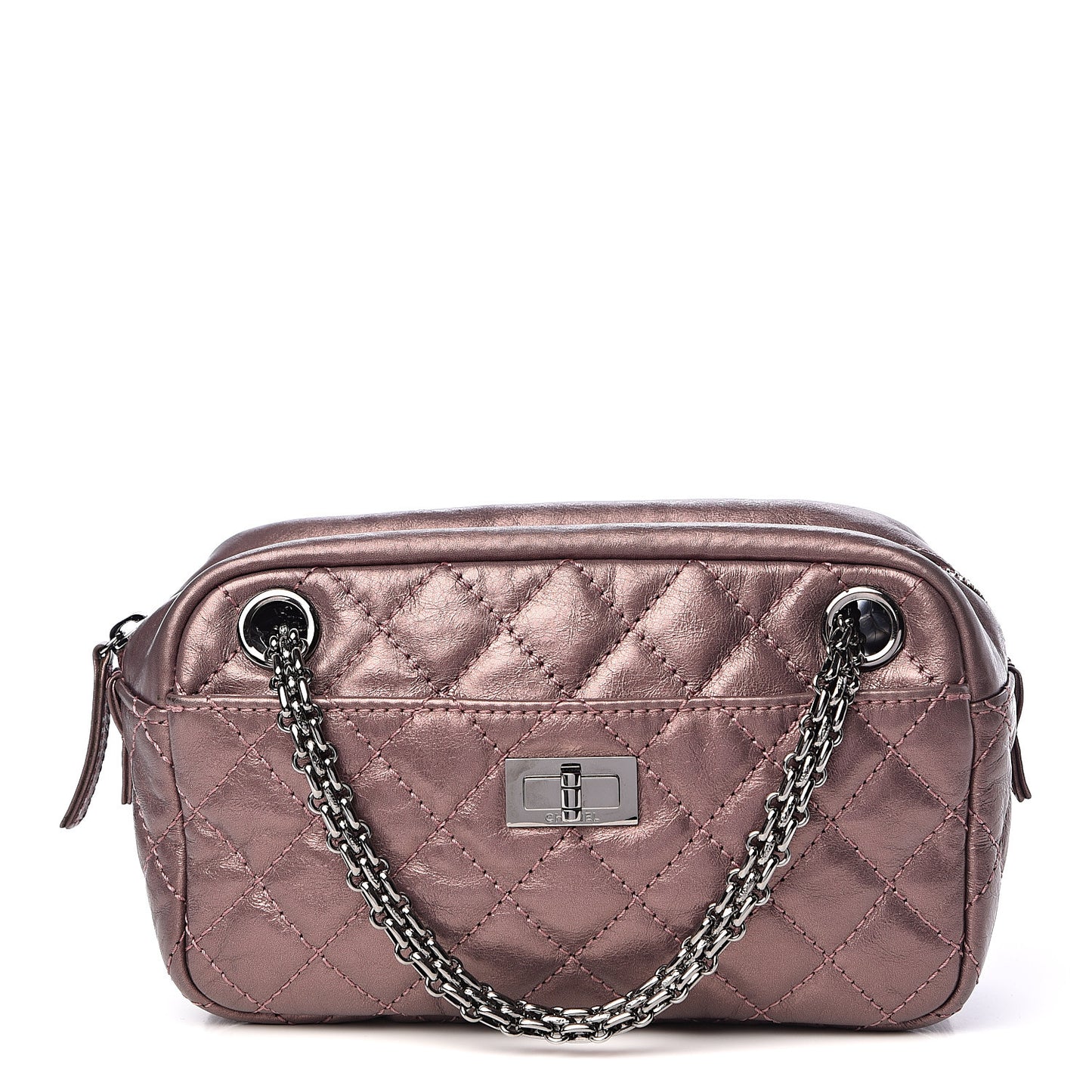 Metallic Aged Calfskin Quilted Small Reissue Camera Case Rose Fonce