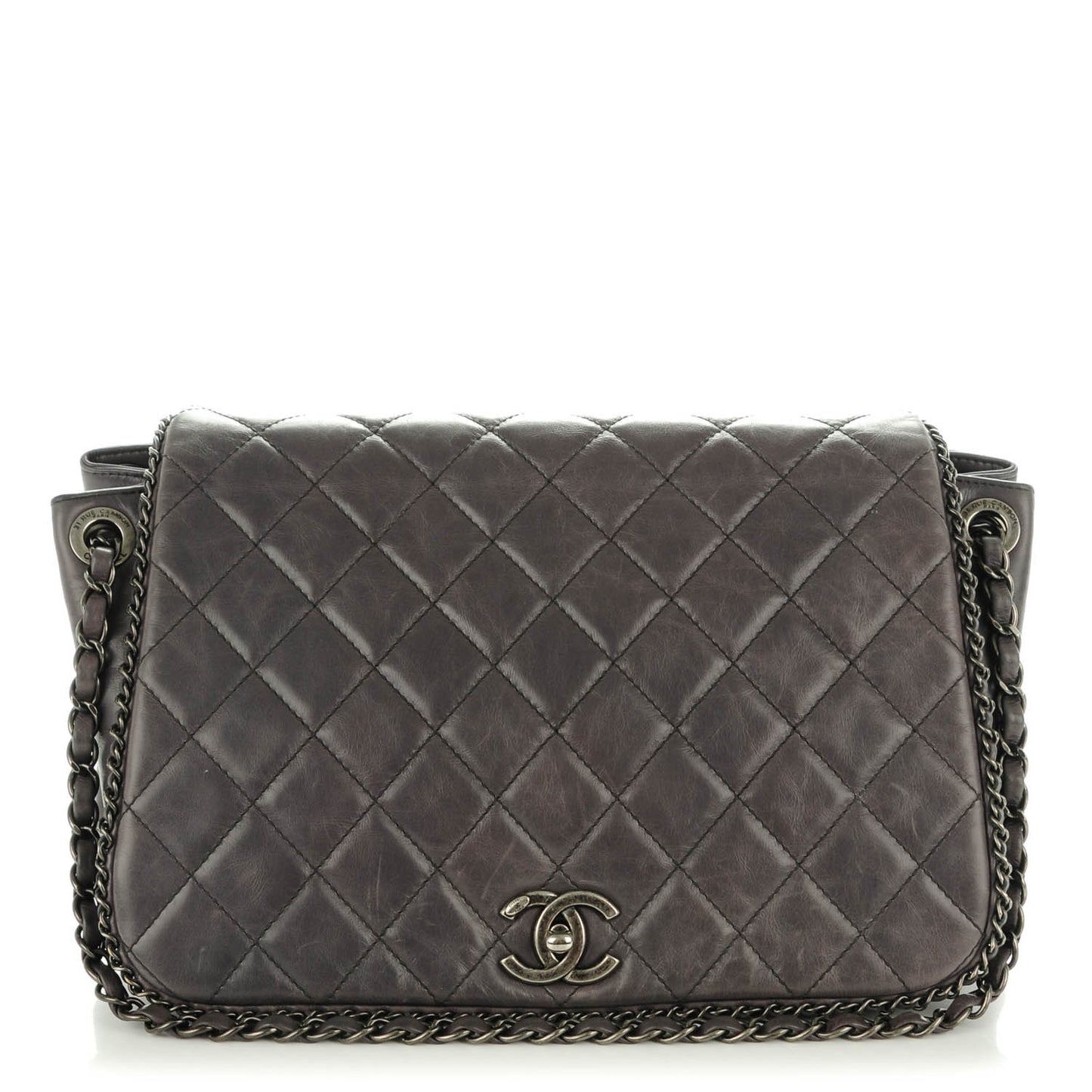 Calfskin Quilted Large CC Enchained Accordion Flap Grey