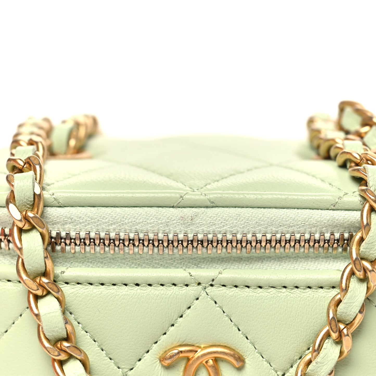 Lambskin Quilted Pearl Crush Mini Vanity Case With Chain Light Green