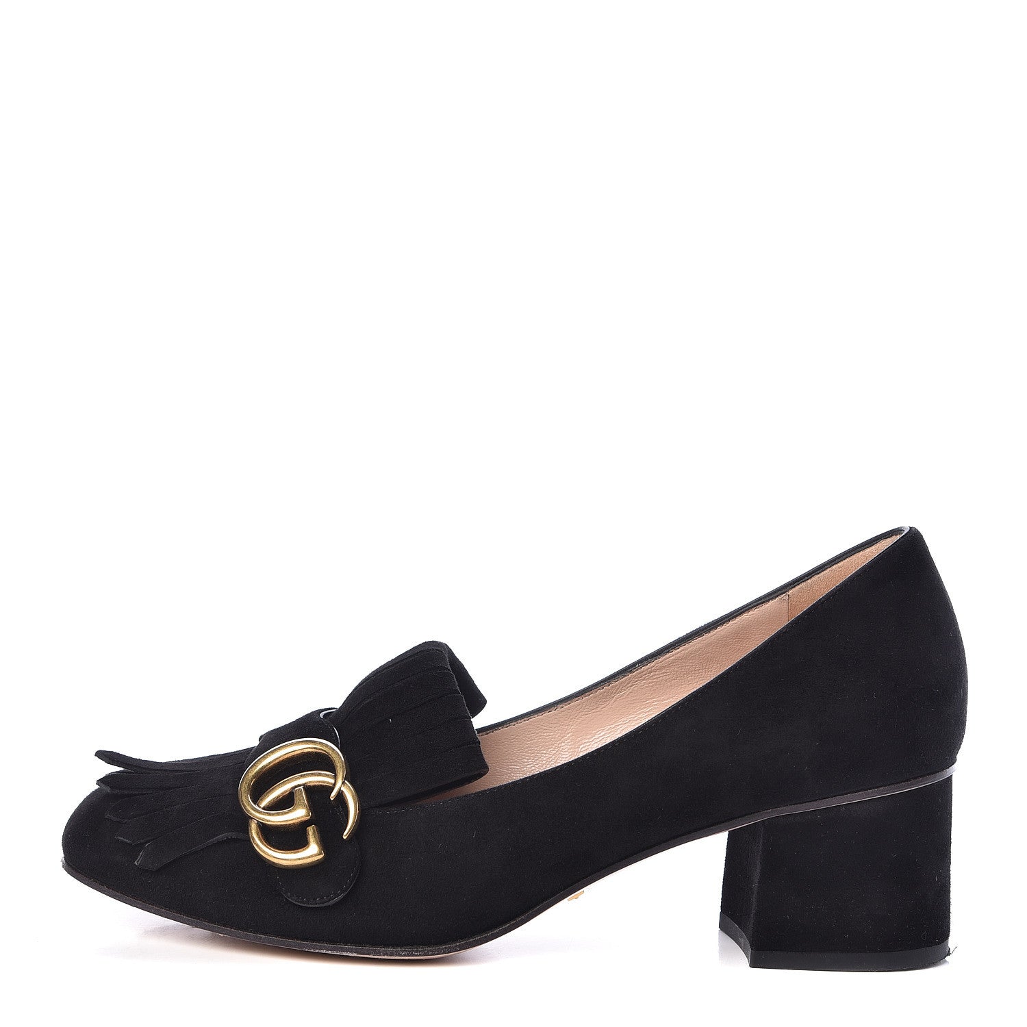Gucci Kid Scamosciato GG Marmont Fringe 50mm Loafer Pumps 38.5 Black 1 of 12