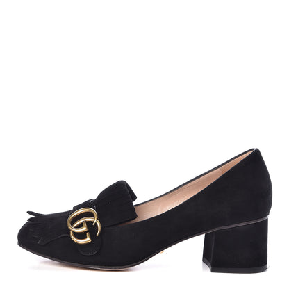 Gucci Kid Scamosciato GG Marmont Fringe 50mm Loafer Pumps 38.5 Black 1 of 12