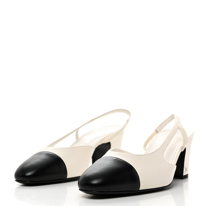 Chanel Lambskin Cap Toe CC Slingback Pumps 37.5 White Black 4 of 9