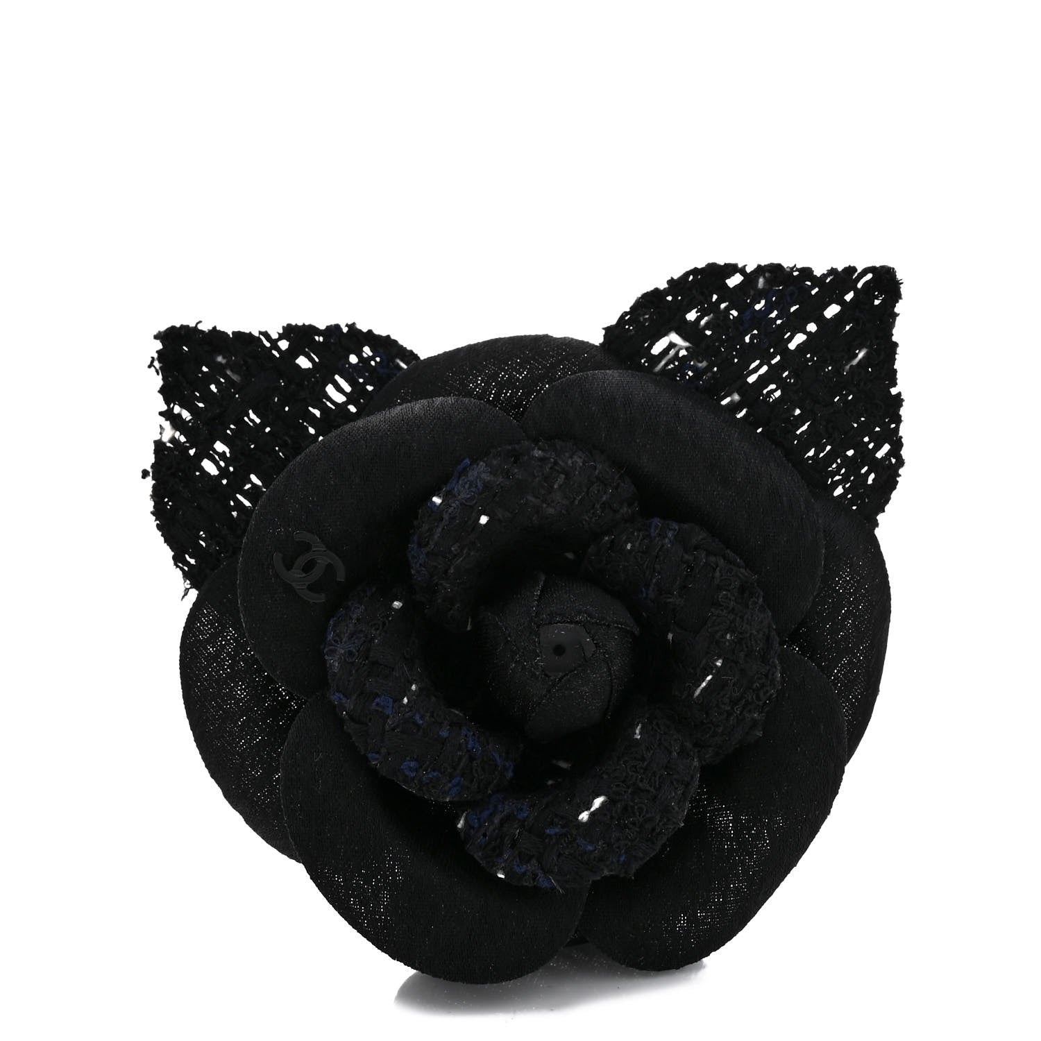Chanel Tweed Camellia Pin Brooch Black White 1 of 3