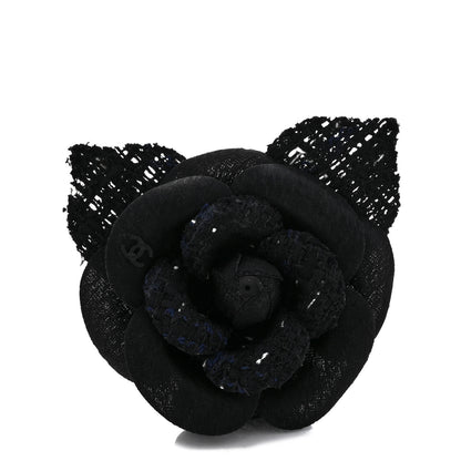 Chanel Tweed Camellia Pin Brooch Black White 1 of 3