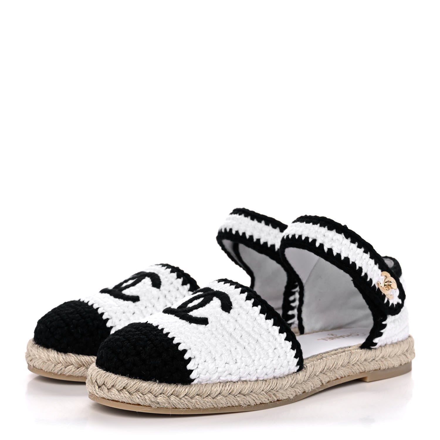 Chanel Braided Knit Cap Toe CC Ankle Strap Espadrilles 39 White Black 3 of 10