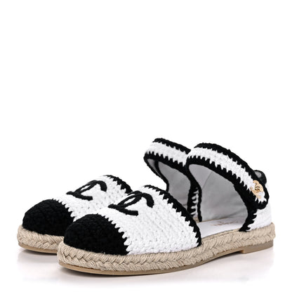 Chanel Braided Knit Cap Toe CC Ankle Strap Espadrilles 39 White Black 3 of 10