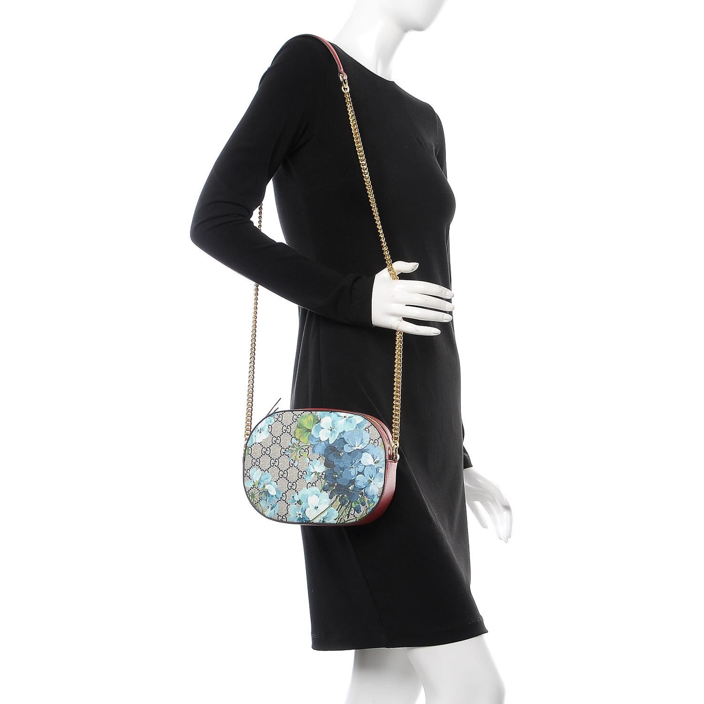 GG Supreme Monogram Blooms Mini Chain Shoulder Bag Beige Blue Navy Hibiscus Red