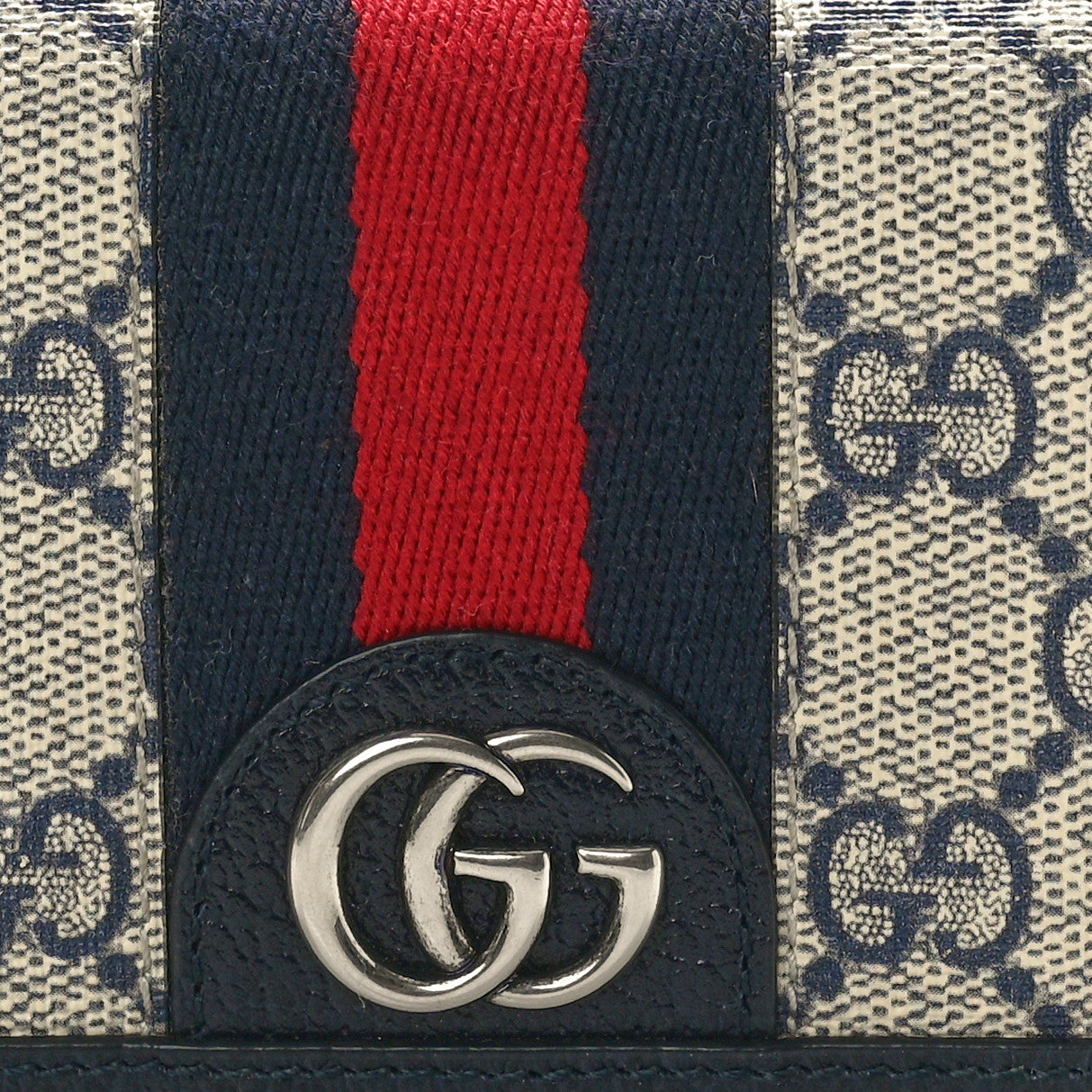 GG Supreme Monogram Textured Dollar Calfskin Web Ophidia Card Case Beige Blue