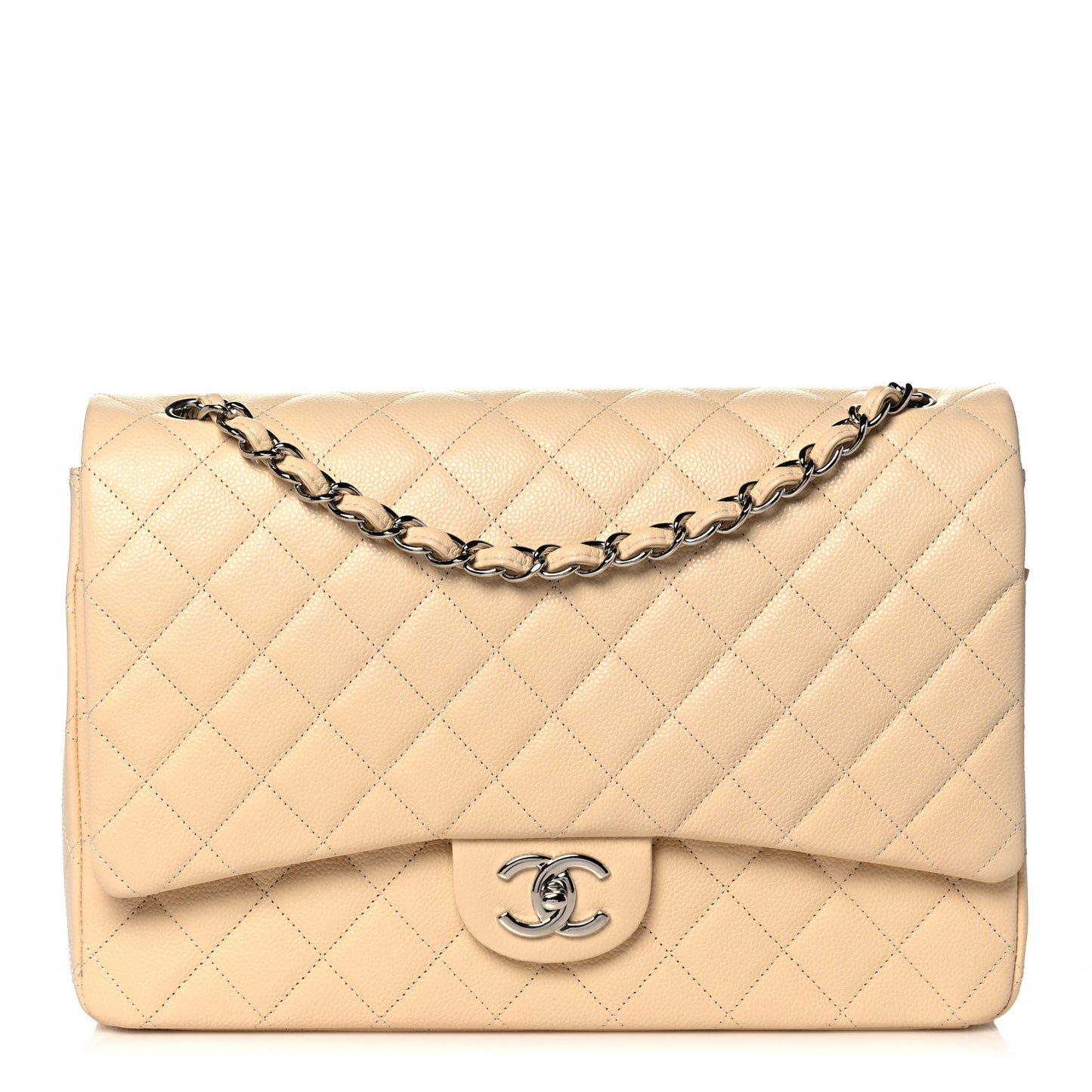 Caviar Quilted Maxi Double Flap Light Beige