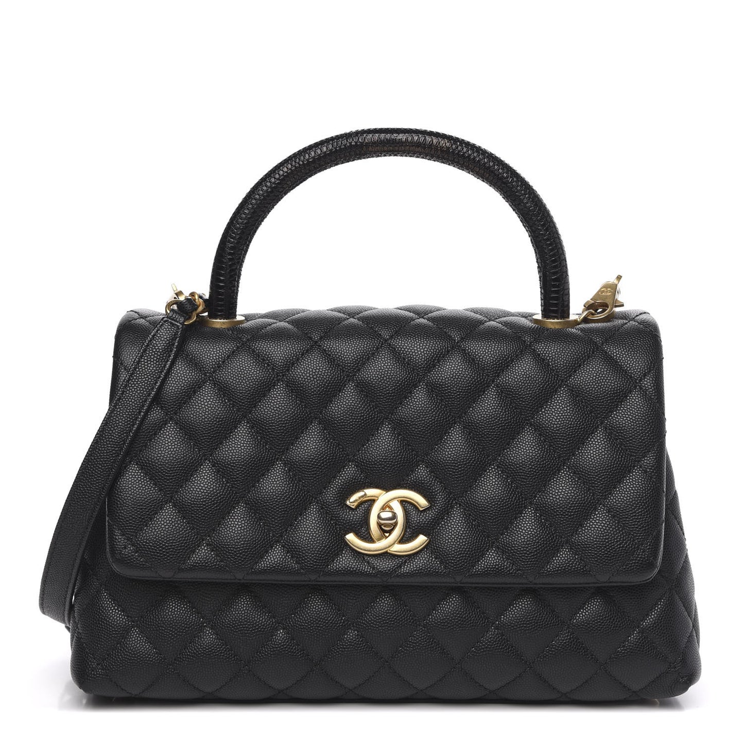 Caviar Lizard Embossed Quilted Small Coco Handle Flap Black