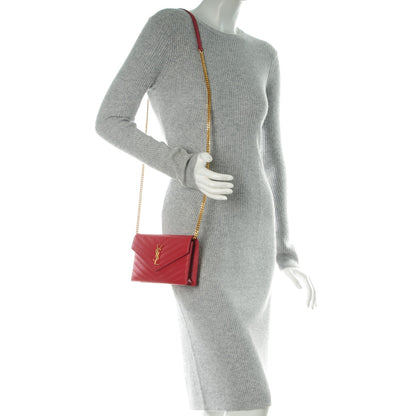 Saint Laurent Grain De Poudre Matelasse Chevron Monogram Envelope Chain Wallet New Red 2 of 7