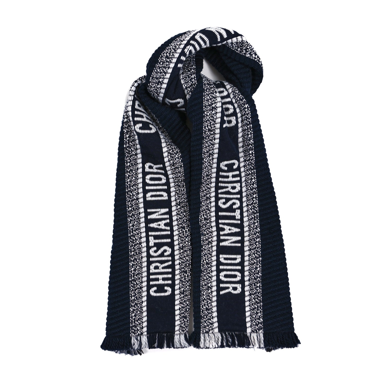 CHRISTIAN DIOR Wool Silk Oblique University Reversible Scarf Navy Blue
