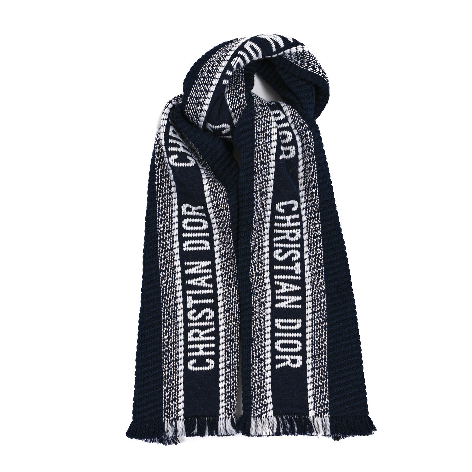Christian Dior CHRISTIAN DIOR Wool Silk Oblique University Reversible Scarf Navy Blue 1 of 3