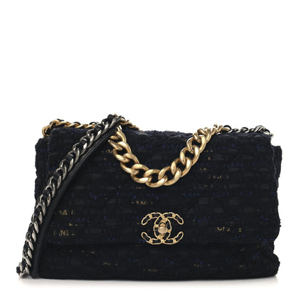 Chanel Tweed Quilted Large Chanel 19 Flap Black Navy Gold 1 of 10