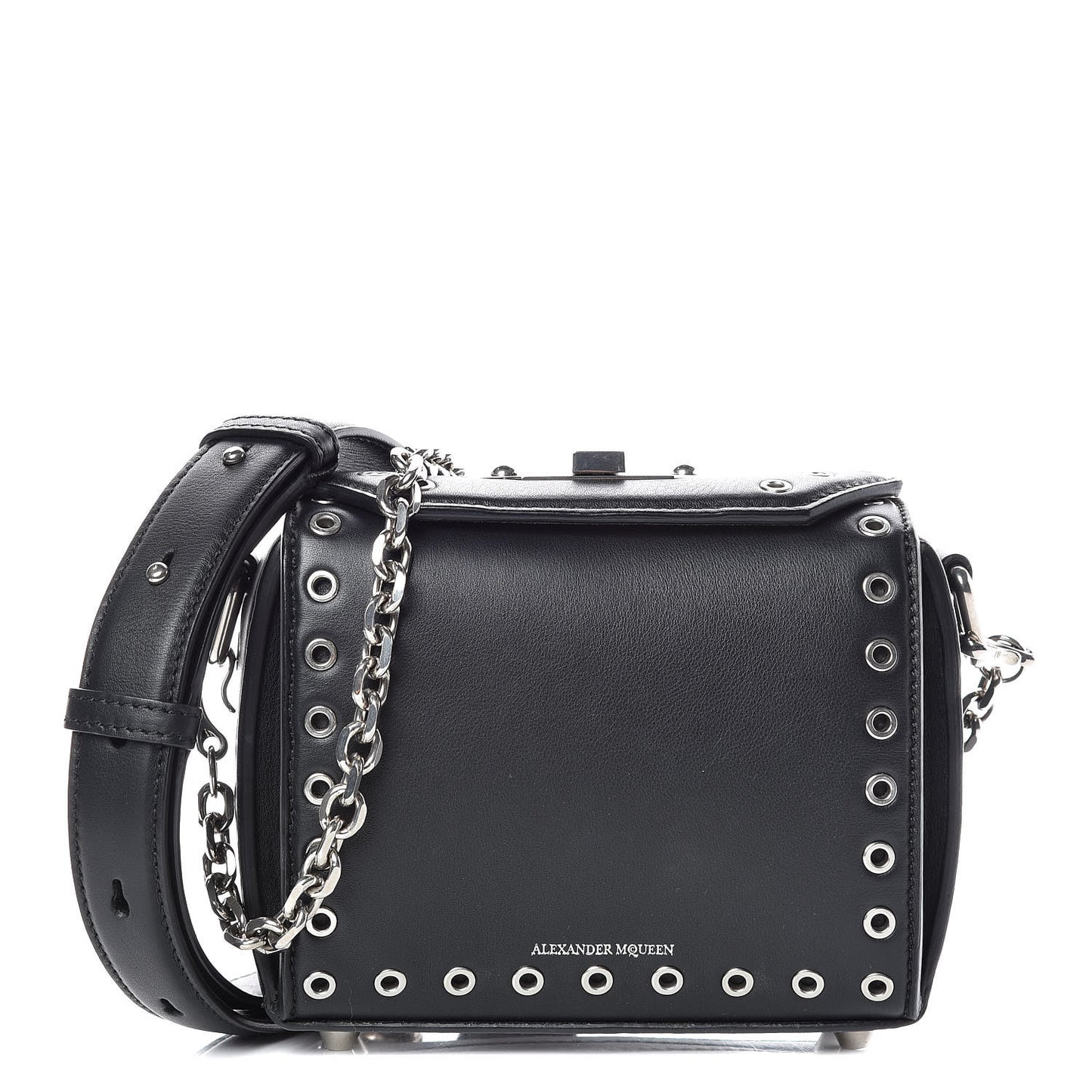 Fine Grain Goatskin Perforated Box Shoulder Bag 16 Black