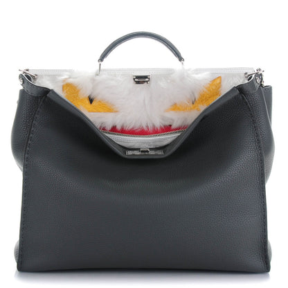 Fendi Calfskin Romano Lamb Fur Crocodile Selleria Monster Eyes Large Peekaboo Iconic Satchel Grey 1 of 10