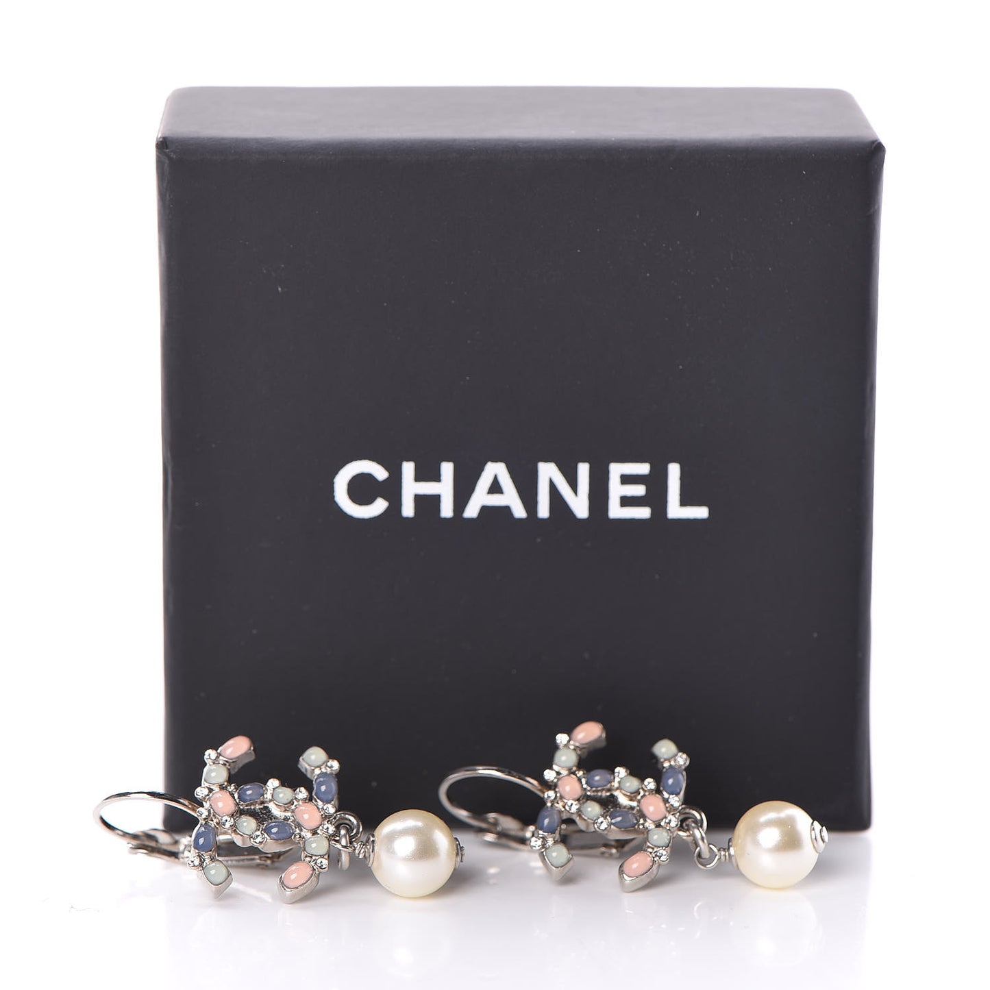 Crystal Beaded Pearl CC Drop Earrings Silver Multicolor
