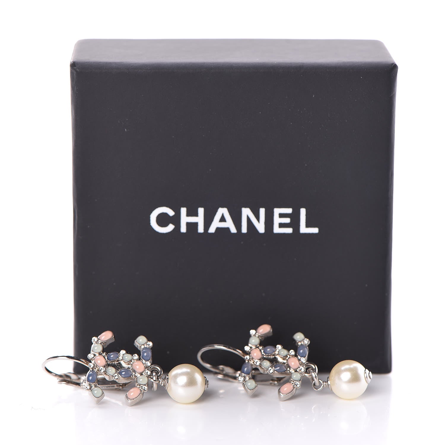 Chanel Crystal Beaded Pearl CC Drop Earrings Silver Multicolor 5 of 5