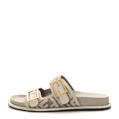 Fendi Chenille Fabric Jacquard Suede FF Womens Fendi Feel Buckled Slide Sandals 38 Tortora Nuvola Rock 1 of 7